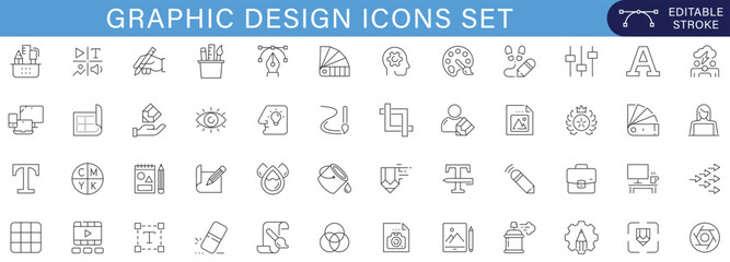 A comprehensive graphic design icon set featuring creative tools, branding elements, illustration concepts, typography symbols, and modern design workflow visuals for digital and print projects. © Loosiniiii