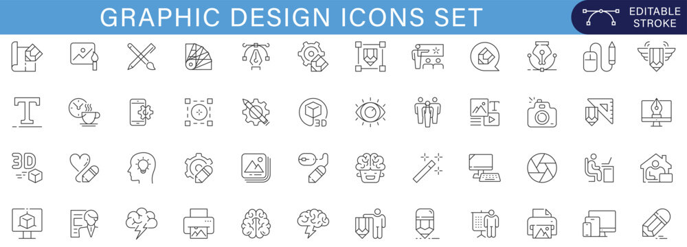 A comprehensive graphic design icon set featuring creative tools, branding elements, illustration concepts, typography symbols, and modern design workflow visuals for digital and print projects.