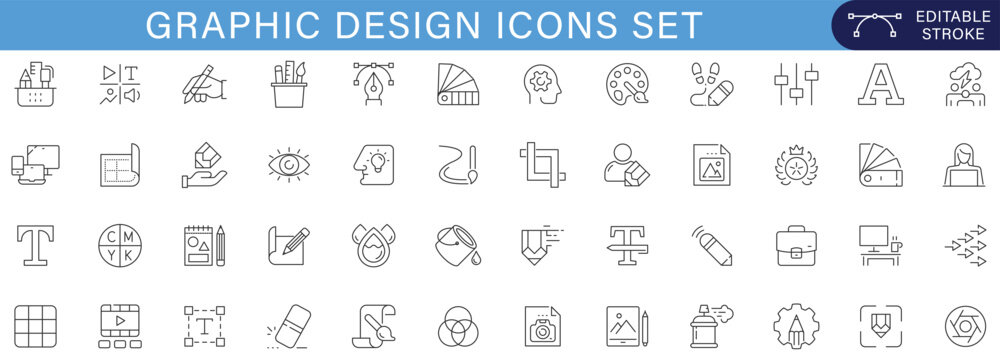 A comprehensive graphic design icon set featuring creative tools, branding elements, illustration concepts, typography symbols, and modern design workflow visuals for digital and print projects.