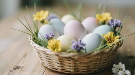Obraz premium Colorful pastel Easter eggs in a woven basket surrounded by flowers and grass, celebrating springtime and holiday traditions in a cozy indoor setting.
