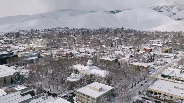 Carson City Nevada - Aerial Rotation around State Capitol after Major Snowstorm