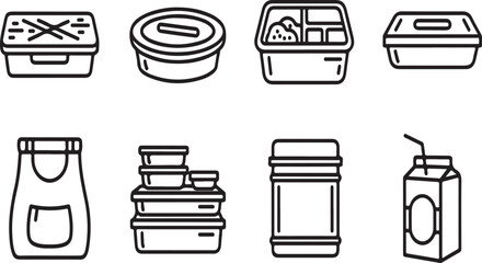 A variety of containers and packaging materials commonly used for food storage and transportation Vector