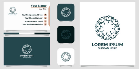 Elegant abstract floral line art logo design and complete business card template presentation, perfect for corporate identity branding and modern professional visual assets
