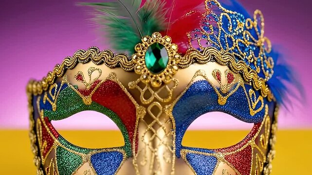This vibrant, close-up shot captures an exquisitely decorated carnival mask, rich with intricate golden details, glittering colorful patterns in red, green, and blue, and topped with luxurious feather