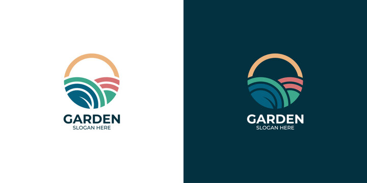 Modern logo design depicting stylized rolling fields and a radiant sun within a circular frame, symbolizing sustainable agriculture, natural growth, and ecological harmony