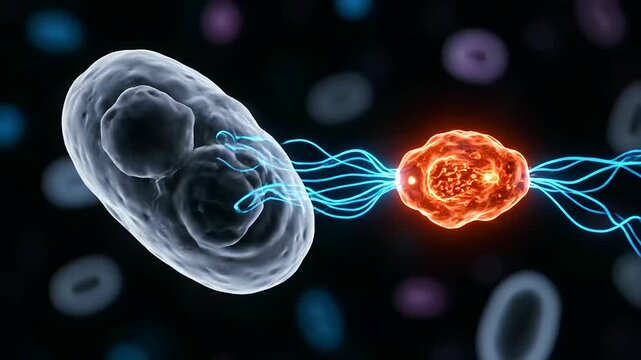 Future medicine embraces AI Drug Discovery, illustrating a precise therapeutic intervention where an intelligent nanobot targets a pathogen with energetic blue tendrils.