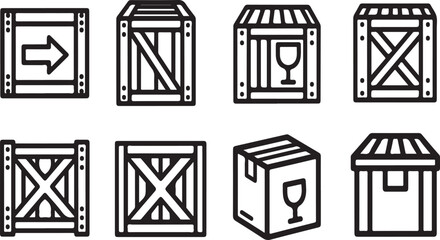 Assorted crates and boxes with various symbols and designs. Vector