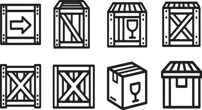 Assorted crates and boxes with various symbols and designs. Vector