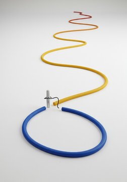 An unpredictable route shown by a twisting line across a white void, representing indirect navigation and strategic detours, unexpected, complex, path