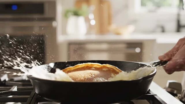 Flipping a golden brown pancake in a cast iron skillet on a gas stove.