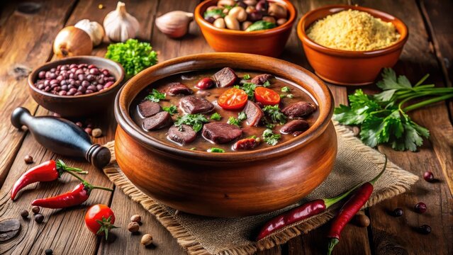 A photo of a traditional Brazilian feijoada simmering in a clay pot on a rustic wooden table, surrounded by sliced meats, garnished with cilantro an
