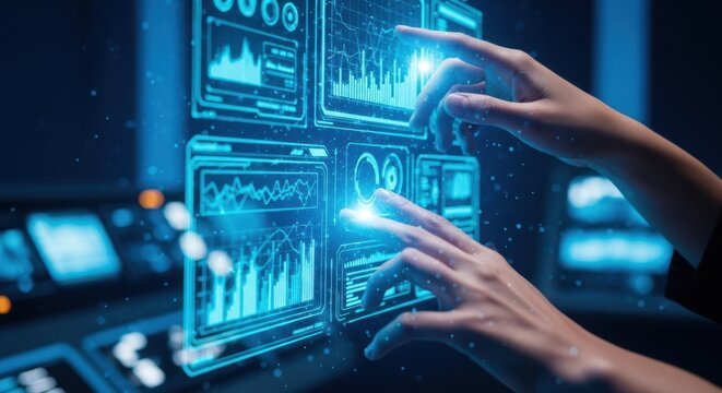 Cinematic hands interacting with holographic interactive interface in futuristic studio, blue lighting, shallow depth, blurred professional background, sharp focus