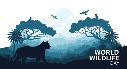 Fototapeta premium Vector illustration of a World Wildlife Day concept with a globe map, featuring a lion, trees, and birds in a nature conservation design for business and educational purposes.