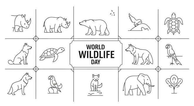 Illustration of various wildlife icons for World Wildlife Day concept with a globe map background, featuring animals and conservation design elements in a vector style.