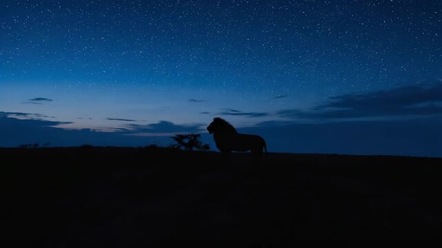 A dark silhouette of a lion stands atop a grassy hill, gazing into the distance. The faint glow of starlight illuminates the horizon, creating a serene atmosphere in the wild night