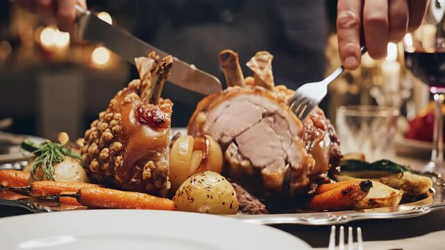 Close up of a person carving a delicious roasted pork knuckle with vegetables.