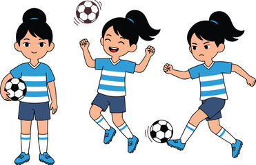 A flat cartoon vector illustration set featuring a young girl soccer player in three dynamic poses: standing holding a ball, happily heading the ball, and determinedly kicking it.  © Muntaha Studio