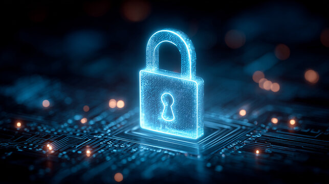 Neon padlock icon on motherboard representing secure data systems and cybersecurity defense concept.

