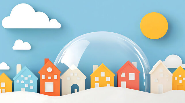 Colorful paper cut houses protective glass dome bright sky with sun and clouds, cozy neighborhood feeling and safe community