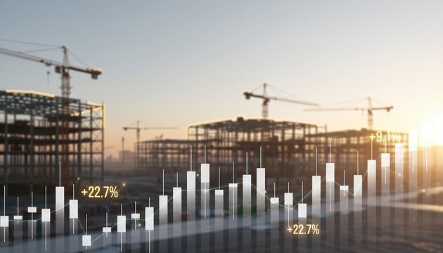 Construction site with financial growth chart overlay at sunset, representing real estate development