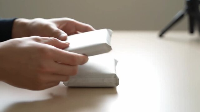 Hands Placing and Stacking Small Rectangular White Wrapped Packages on a Light Table