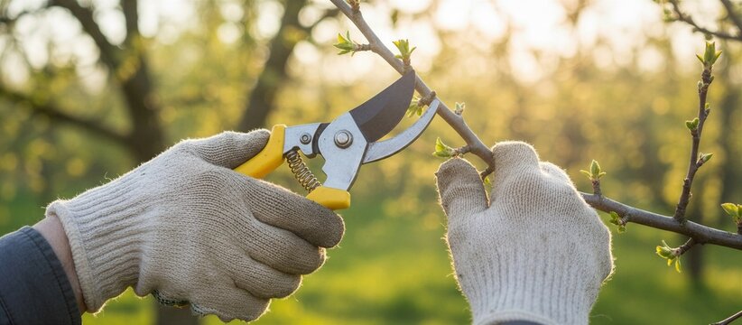 Gardeners hands in gloves pruning a tree branch with secateurs in a sunny orchard