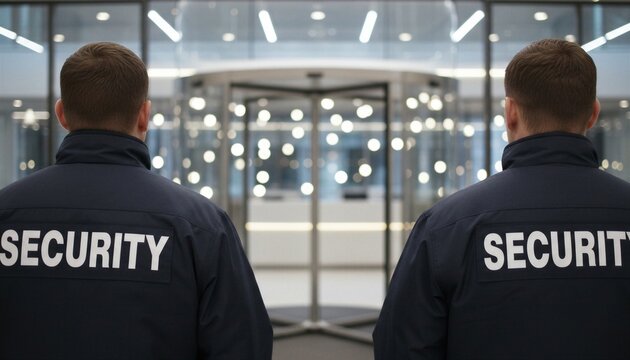 Two security guards standing with their backs to the camera, facing a modern building entrance with a revolving door
