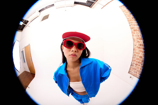 Bold Streetwear Look in Fisheye Perspective