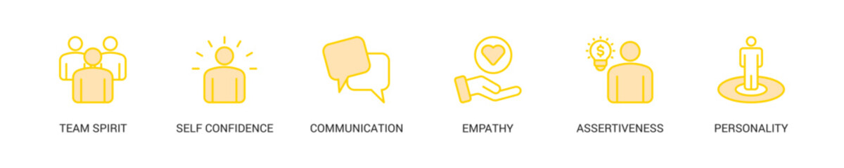 Soft Skill Lineal Yellow Icon Set For Web Banner. Vector Illustration Concept With Some Icons. Designed In Lineal Yellow Style