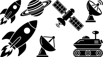 Space Exploration Vector Icons Set: Rockets, Satellite, Planet, Rover, Radio Telescopes. Modern Astronomy & Sci-Fi Graphics. © rendy