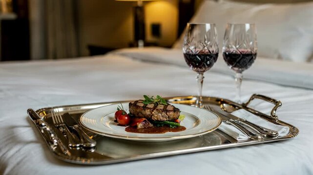 Luxurious plated dinner on hotel room service tray featuring fine dining elements like wine glasses and silverware main meal sharply focused with blurred surroundings