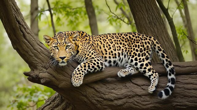 Leopard rests gracefully on a sturdy tree branch in a vibrant forest. Its keen yellow eyes are focused, while its tail sways gently