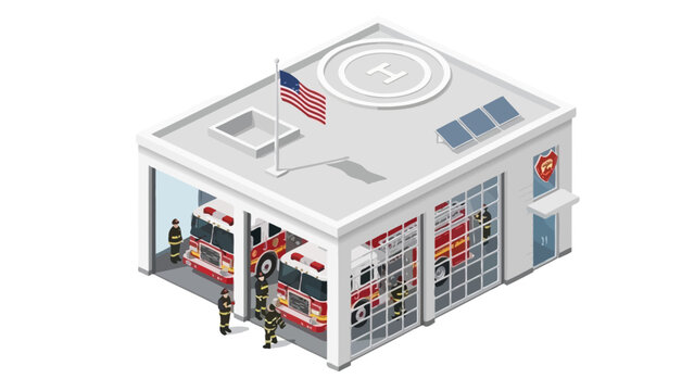 Isometric fire station with trucks and firefighters
