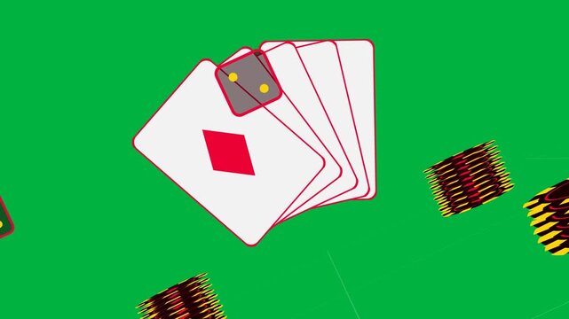 Card fan tilting as die appearing, sliding, falling, landing showing play on transparent background