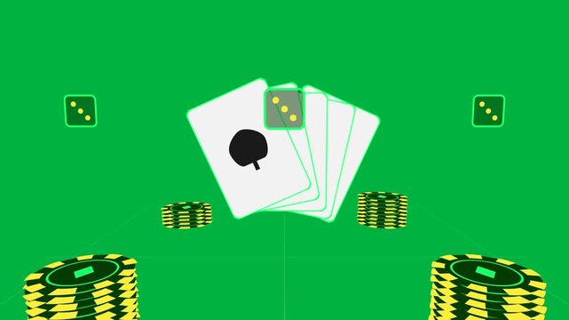 Neon dice appearing above cards, card fan rocking, chips scaling, centering on transparent backdrop