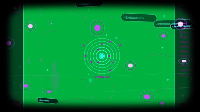 On start cyan rings pulsing, magenta drops falling, tags grouping, showing focus on transparent bg