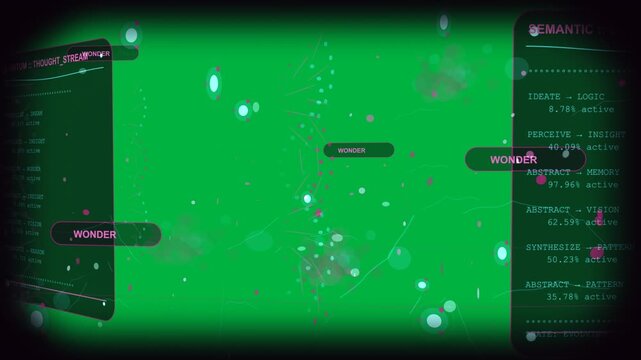 Camera panning starting magenta cyan clusters shifting pulsing revealing transparent UI metrics