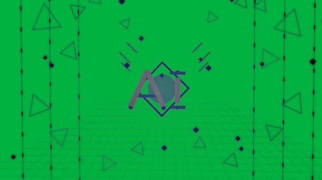 Emblem appearing on grid drifting rotating emitting bits pulsing arms stabilizing transparent bg