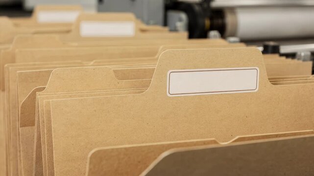 Closeup medium shot of offset printed manila file folders showcasing crisp printed tabs and neatly aligned labels during the manufacturing process.