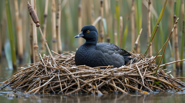 Bird's Nest Guide. Nidology. European coot (Fulica atra) nest on a eutrophied lake with an abundance of cattails