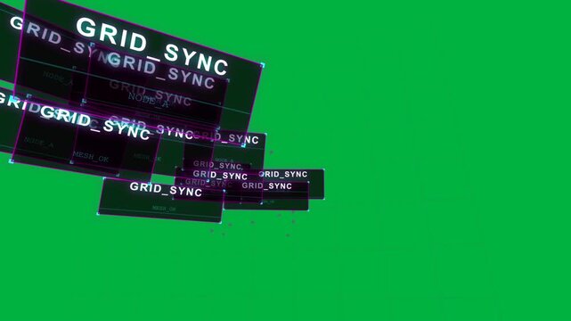 On spawn GRID_SYNC cluster moving diagonal, rotating, dripping dots, showing sync HUD on clear BG