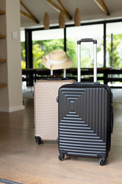 Two carry-ons are standing on hardwood floor by glass doors, dark gray front, straw hat resting