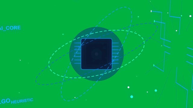 Core chip booting on halo starting orbit turning dots pulsing showing processing on transparent bg