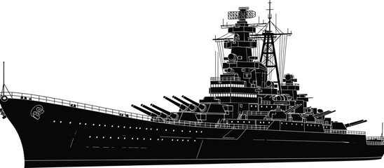 Black and white battleship silhouette illustration featuring detailed naval warship with heavy guns and radar tower, historic military vessel vector design for defense and maritime themes © Krisna