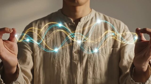 Man meditating with glowing energy network visualization.