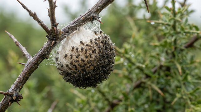A dense cluster of tiny spiderlings emerging from their silken nest attached to a thorny branch