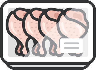 スーパーのパックに入った、生の手羽元のアイコン（線画カラー）のイラスト