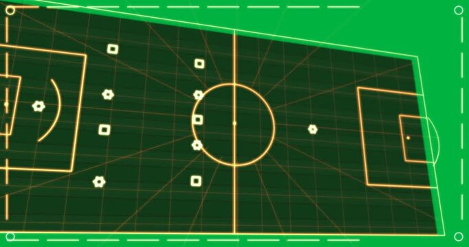 Neon pitch transparent canvas fading in, dots grouping and orange path curving right to show attack