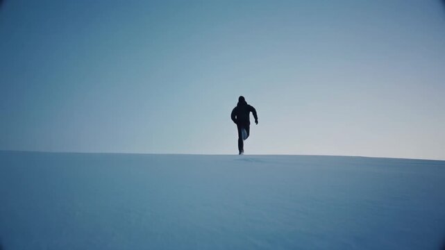 A lone figure walks towards the winter solstice sunrise on a vast snowy landscape