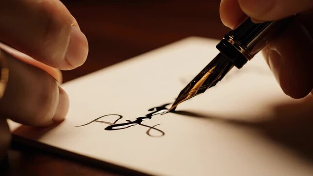 Close up of a hand writing with a fountain pen on paper.